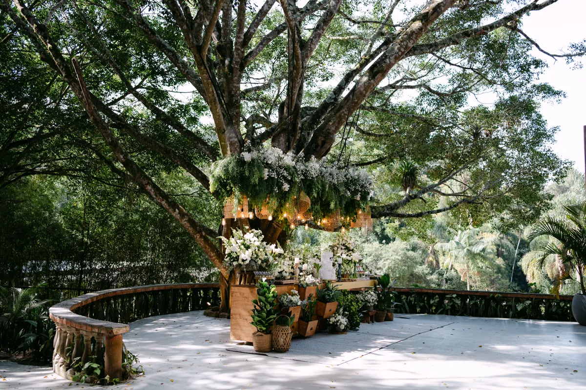 Altar montado sob árvore centenária com flores suspensas